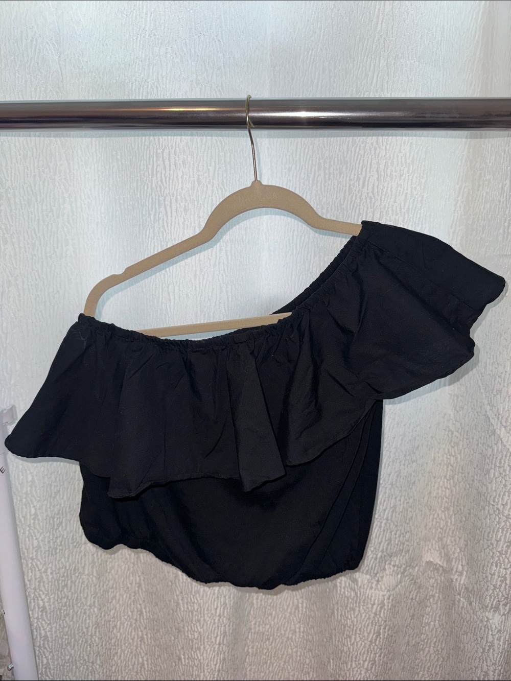 a new day Black Off-the-Shoulder Ruffle Crop Top